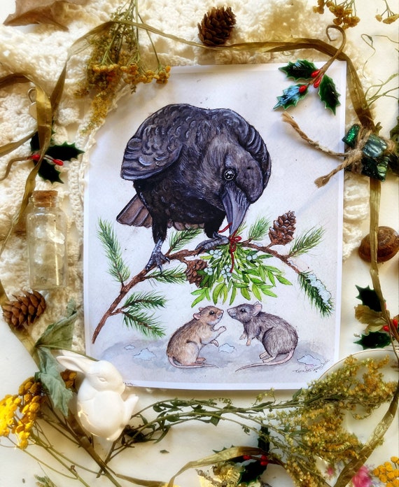 Mistletoe and Crow, Art Prints, Christmas Art, Holiday Decor, Mistletoe Kiss, Gifts for Her, Mouse Art, Animal Print, Festive Wall Art, Love