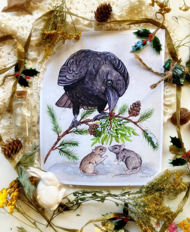 May include: A black crow perched on a snow-covered pine branch with red berries. Two small gray mice are standing on the ground below the branch, looking at each other.