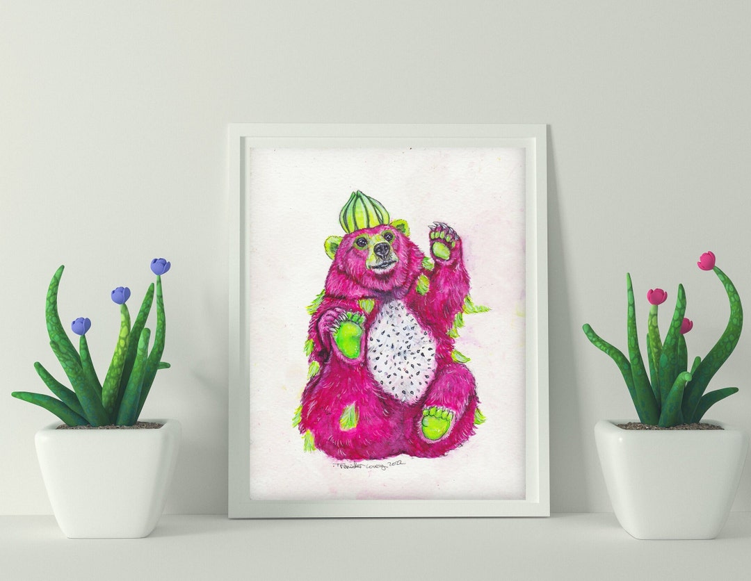 Dragon Fruit Bear Art Prints Cute Animal Art Kitchen Wall Etsy