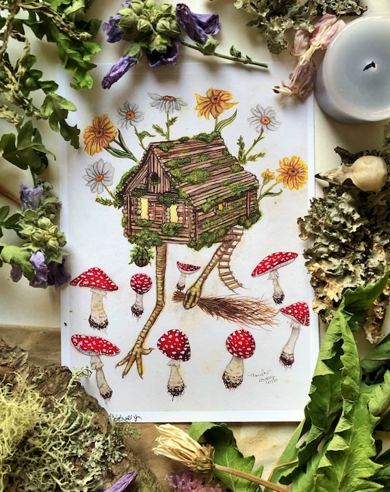 Baba Yaga House, Art Prints, Witch Art, Folklore Art, Fairytale Art, Watercolor Painting, Witch Painting, Baba Yaga Art, Cottagecore Art