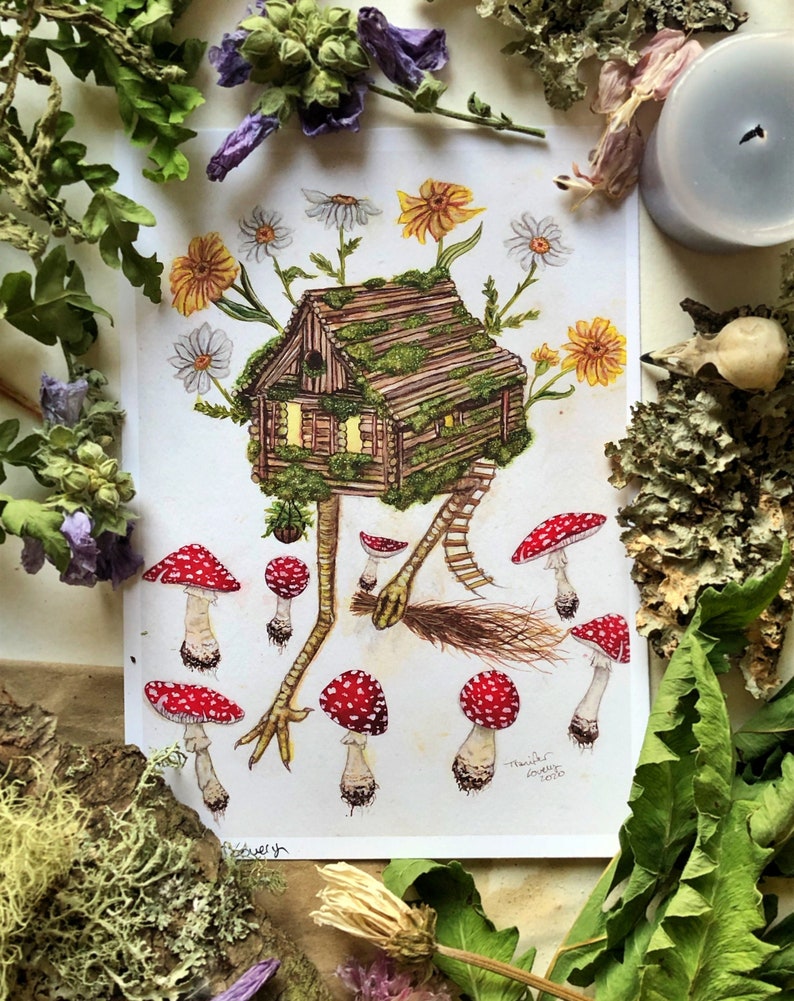 May include: A watercolor painting of a whimsical house with a mossy roof and log walls, perched on spindly chicken legs. The house is surrounded by white and yellow flowers, and red and white mushrooms. The painting is signed "TheWhiskyFox 2020".