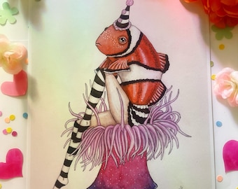 Reverse Mermaid Clownfish, Art Prints, Unique Wall Art, Funny Animal Home Decor, Clown Art, 4x6 5x7 8x10 Prints