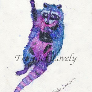 a cute raccoon with pieces of the night sky peeking through his fur, colored pink and purple and blue, raising his right hand