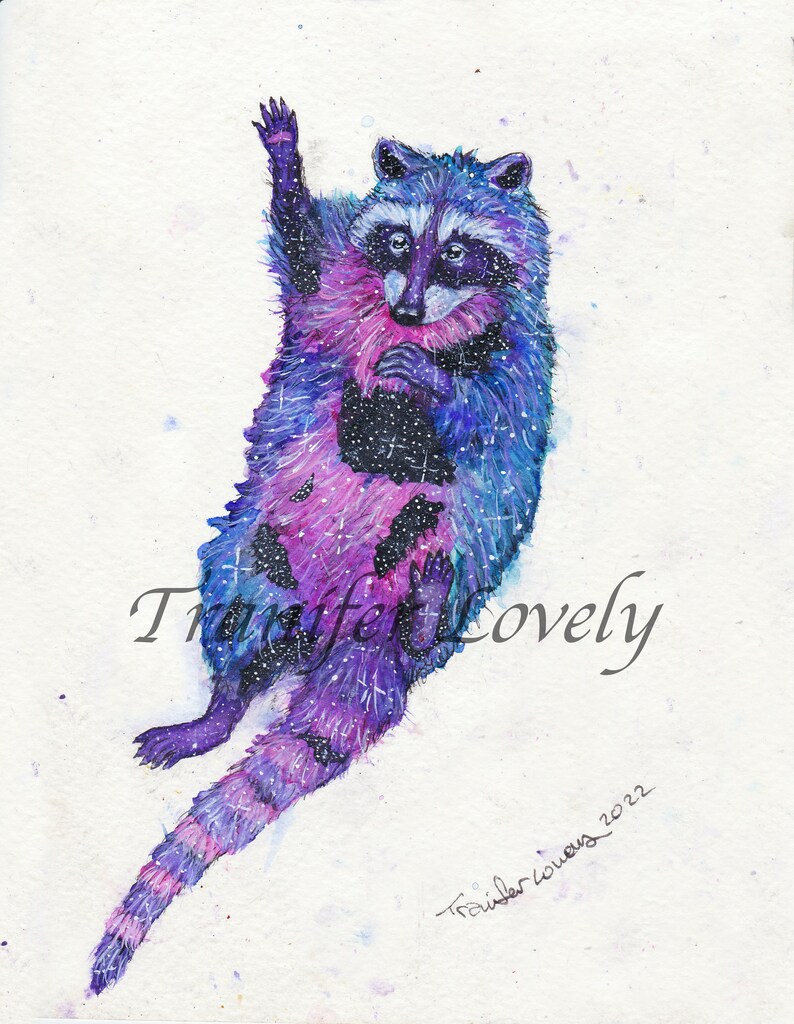 a cute raccoon with pieces of the night sky peeking through his fur, colored pink and purple and blue, raising his right hand