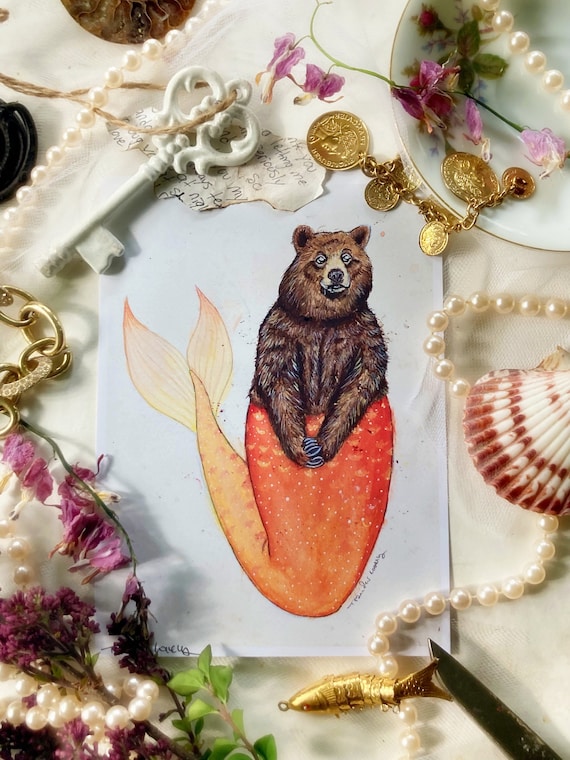 Mermaid Bear, Art Prints, Bear Art, Cute Animal Art, Mermaid Art, Whimsical Art, Cute Wall Art, Fantasy Decor, Watercolor Painting