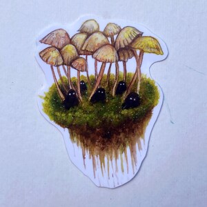 May include: A watercolor illustration of a cluster of yellow mushrooms growing on a patch of green moss.  The mushrooms have brown stems and are surrounded by small, black creatures with large eyes.
