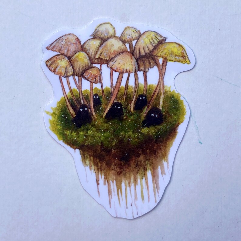 May include: A watercolor illustration of a cluster of yellow mushrooms growing on a patch of green moss.  The mushrooms have brown stems and are surrounded by small, black creatures with large eyes.