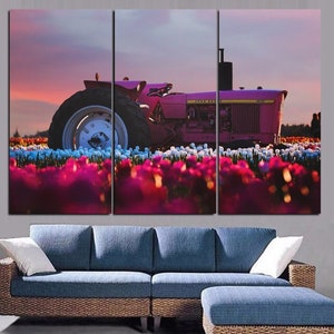 Tractor Canvas Wall Art Framed / John Deere Poster Gift Idea / Landscape Home Decor Print 3 Panel / By Custom Canvas Magic