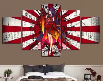 Japanese Samurai Girl Canvas Wall Art Framed / Abstract Poster 5 Panel