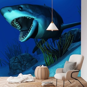 3D Hai Wandbild Tapete, Weißer Hai Art Peel And Stick Abnehmbarer Wandkunst Aufkleber, selbstklebende Tapete