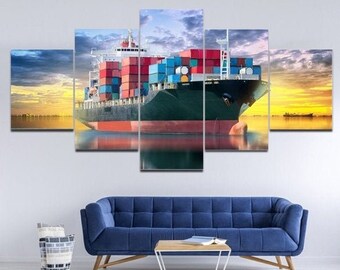 Container Ship Wall Art Framed /Container Ship Decor Prints / Cargo Ships Poster Artwork / Gift Idea 5 Piece / By Custom Canvas Magic
