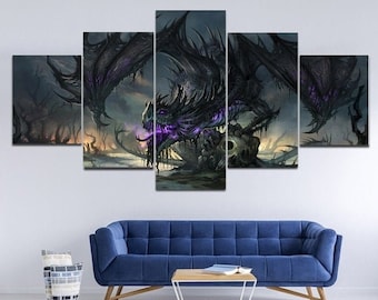 Dark Dragon Art, Dragon Print Canvas, Dragon Decor Gift Idea, Fantasy Dragon Wall Art Painting, Dragon Poster 5 Piece