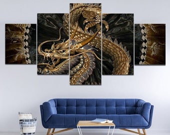 Japanese Dragon Wall Art, Dragon Print Canvas Framed, Fantasy Dragon Painting Poster 5 Piece / By Custom Canvas Magic