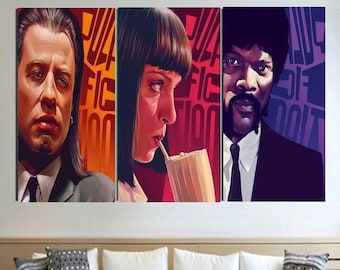 May include: A tri-panel print featuring three characters from the movie Pulp Fiction. The characters are Vincent Vega, Mia Wallace, and Jules Winnfield. The print is in a pop art style with bold colors and graphic lines. The text "Pulp Fiction" is featured on each panel.