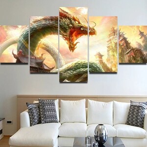 Japanese Dragon Wall Art Canvas Print, Fantasy Dragon Poster Framed 5 Panel / By Custom Canvas Magic
