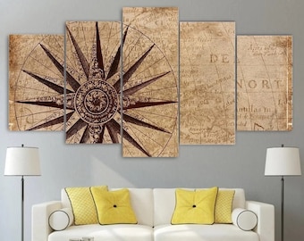 Vintage Nautical Map Wall Art Canvas Framed Print Compass Nautical Decor Gift Idea Painting Poster 5 Piece / By Custom Canvas Magic