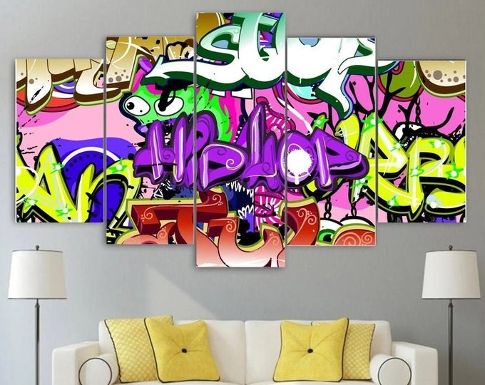 Hip Hop Graffiti Wall Art Framed Collection Decor Rap Canvas Framed Gift Idea 5 Piece Music Collage Painting Poster Print