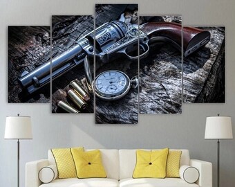 Revolver Canvas Hand Gun Wall Art Framed Ammo Decor Vintage Compass Framed Gift Idea 5 Piece Painting Man Cave Weapons Poster