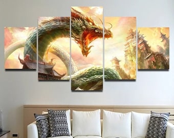 Japanese Dragon Wall Art Canvas Print, Fantasy Dragon Poster Framed 5 Panel / By Custom Canvas Magic