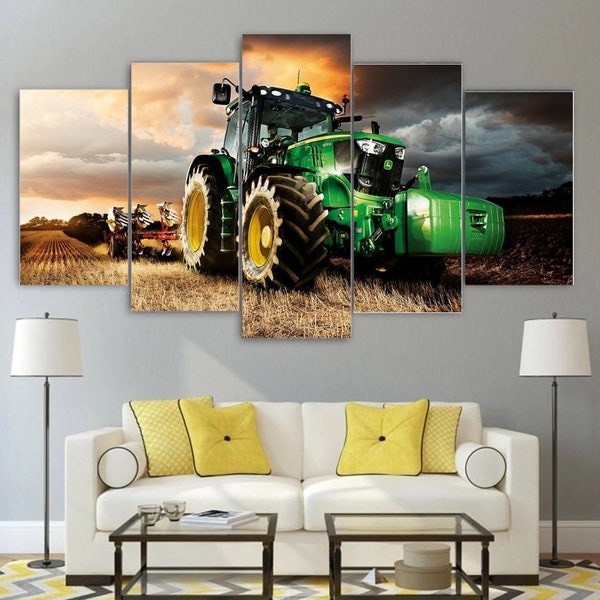 John Deere Traktor Leinwand-Wandkunst, gerahmt, Landwirtschaft, Heimdekoration, Landschaft, Geschenkidee, Poster, 5 Panel