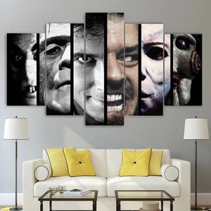 Vintage Horror Wall Art Framed Decor Scary Movie Villains Canvas Painting Cult Classics Collection Poster Framed Gift Idea 5 Piece