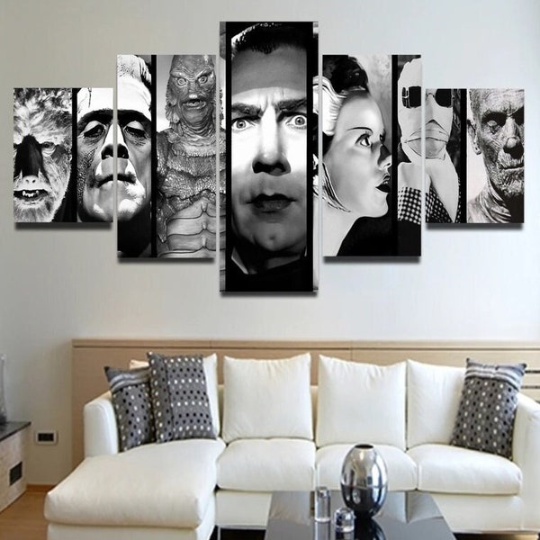 Classic Monsters Poster Framed, Horror Canvas Collage Collection, Creature Black Lagoon Print 5 Piece