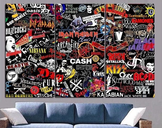 Rock And Roll Wall Art, Classic Rock Music Collage, Canvas Framed HD Poster, 3 Panel Print Gift Idea / By Custom Canvas Magic