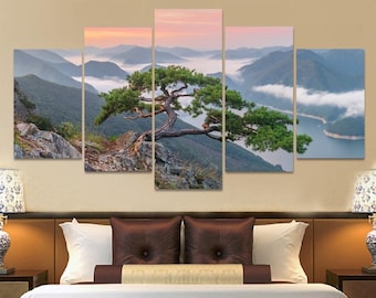 Landscape Bonsai Tree Canvas Wall Art Framed / Bonsai Tree Print Home Decor 5 Piece Poster
