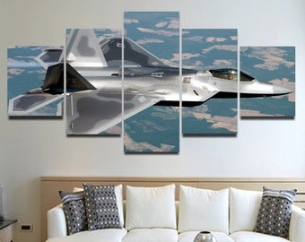 Jet Fighter Canvas Art Framed, F22 Raptor 5 Piece U.S. Air Force Poster Prints