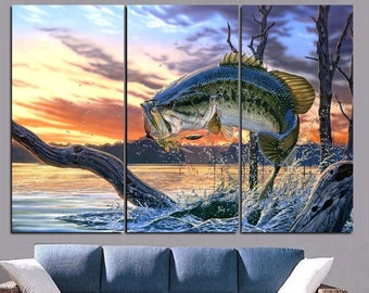 Largemouth Bass Wall Art, Fish Canvas Framed HD Poster, 3 Panel Print Gift Idea / By Custom Canvas Magic
