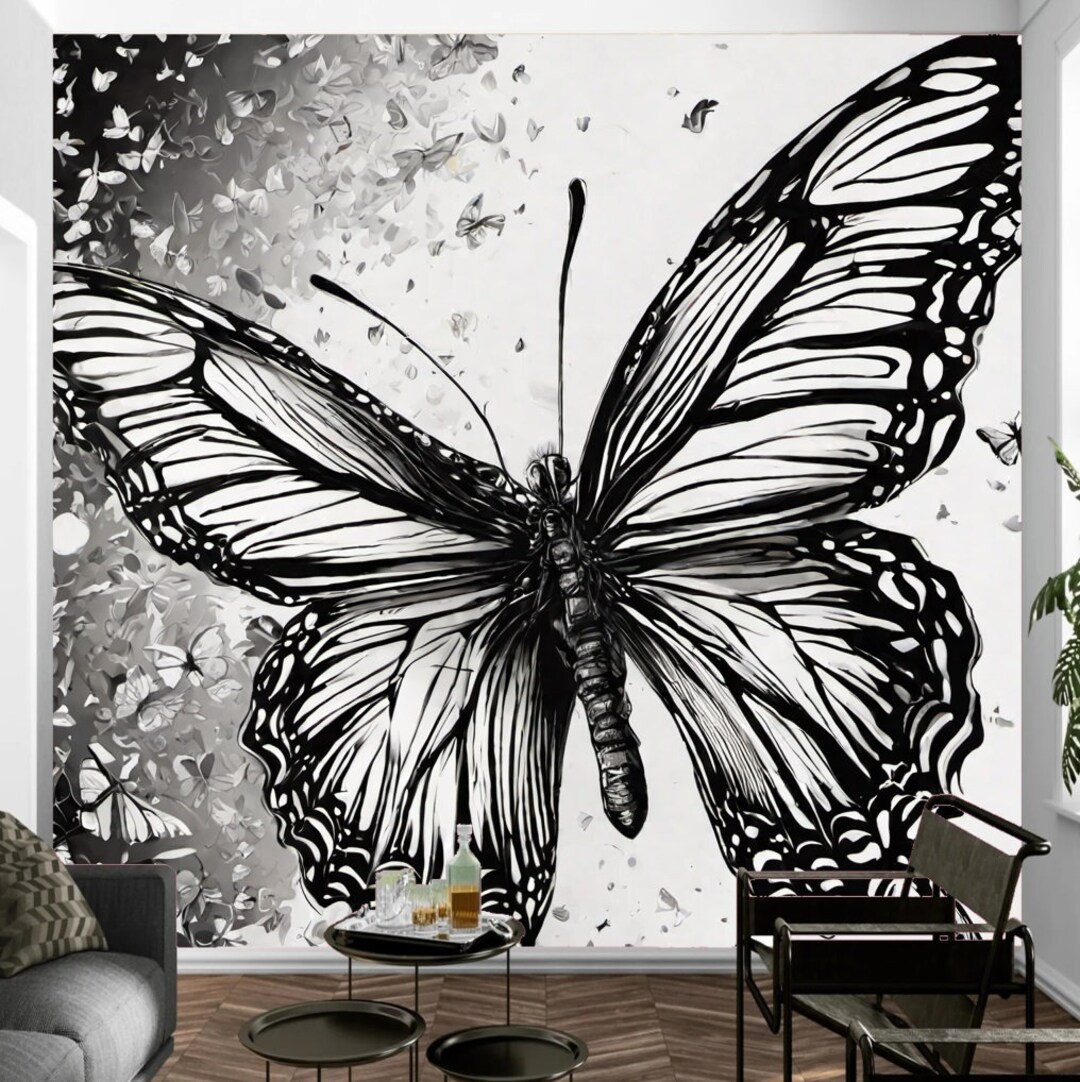 Butterfly Wall Mural Wallpaper, Black and White Art Wall Decal Peel and