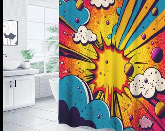 Comic Shower Curtain, Cool Curtain Set for Bathroom, Cartoon Superhero Curtains, Fun Kids Shower Curtain