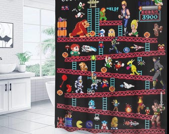 Classic Gamer Shower Curtain, Cool Curtain Set for Bathroom, Cartoon Gamer Curtains, Fun Kids Shower Curtain Gift Idea