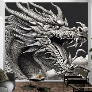 Dragon Wall Mural Wallpaper, Black And White Art Wall Decal Peel And Stick, Removable Wall Decor