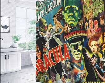 Klassische Monster Horrorfilm Szenen Duschvorhang, Scary Horror Vorhang Set für Badezimmer, Horror Vorhänge, Klar Duschvorhang Geschenkidee