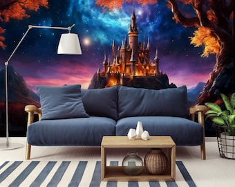 Zauberschloss Wandbild, Kinderzimmer Tapete, Abziehbares Fantasy Wandbild, Selbstklebendes Wandpapier