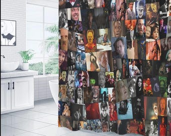 Cortina de chuveiro com as melhores cenas de filmes de terror, conjunto de cortinas de terror assustadoras para banheiro, cortinas de colagem de terror, ideia de presente para cortina de chuveiro transparente