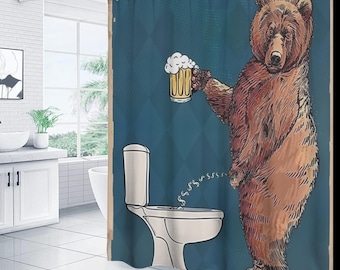 Lustiger Bär Duschvorhang, cooler Vorhang-Set für Badezimmer, Bär trinkt Biervorhänge, klare Duschvorhang-Geschenkidee