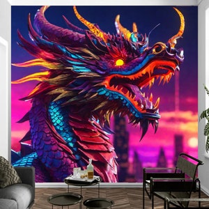 Dragon Wall Mural Wallpaper, Neon Art Wall Decal Peel And Stick, Removable Wall Decor, by Funktastic Walls