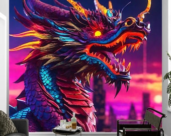 Dragon Wandbild Tapete, Neon Kunst Wandtattoo abziehen und aufkleben, entfernbares Wanddekor, durch Funktastic Walls