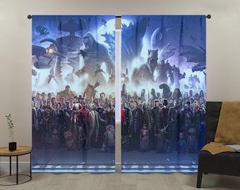 Movie Window Curtains, Fantasy Kids Room Curtains, Retro Movie Wall Art Curtain Set, Movie Home Decor Collage