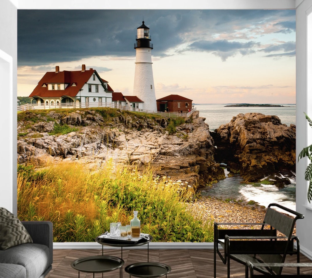 Lighthouse Wall Mural Wallpaper, Landscape Art Wall Decal Peel and ...