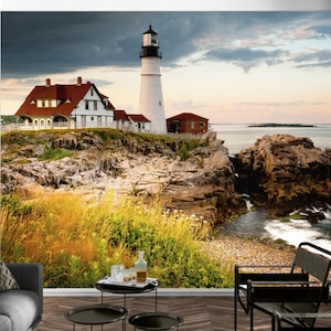 Lighthouse Wall Mural Wallpaper, Landscape Art Wall Decal Peel And Stick, Removable Wall Decor, by Funktastic Walls