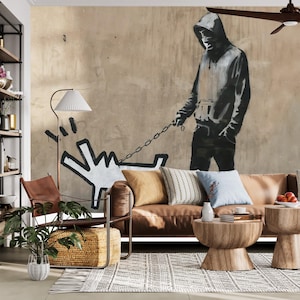 Banksy Wall Mural, Man And Dog Street Art Wallpaper, Pop Art Removable Wall Art Decal, Self Adhesive Wallpaper