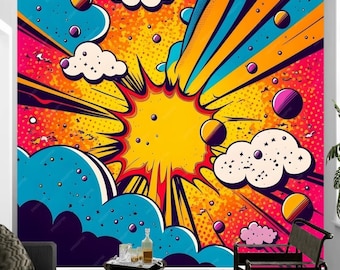 Comic Wall Mural, Pop Art Wallpaper, Large Video Game Peel And Stick Removable, Retro Gamer Wall Art Decal Self Adhesive