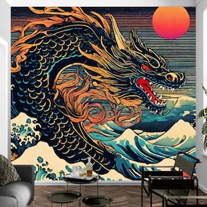 Japanese Dragon Wall Mural Wallpaper, Water Ukiyo-e Peel And Stick, Removable Wall Art Poster, Self Adhesive Decor