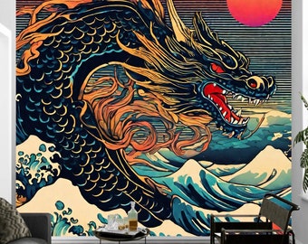 Japanischer Drache, Wandbild, Tapete, Wasser Ukiyo-e Schälen und Aufkleben, entfernbares Wandposter, selbstklebendes Dekor