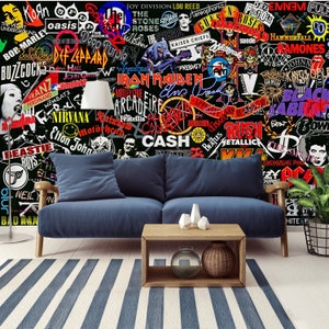 Carta da parati murale con collage di musica rock and roll, decalcomania da staccare e attaccare rock classico, decorazione autoadesiva hard rock