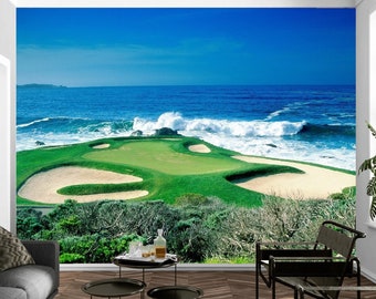 Golf Course Wall Mural Wallpaper, Pebble Beach Golf Art Wall Decal Peel And Stick, Removable Wall Decor , by Funktastic Walls