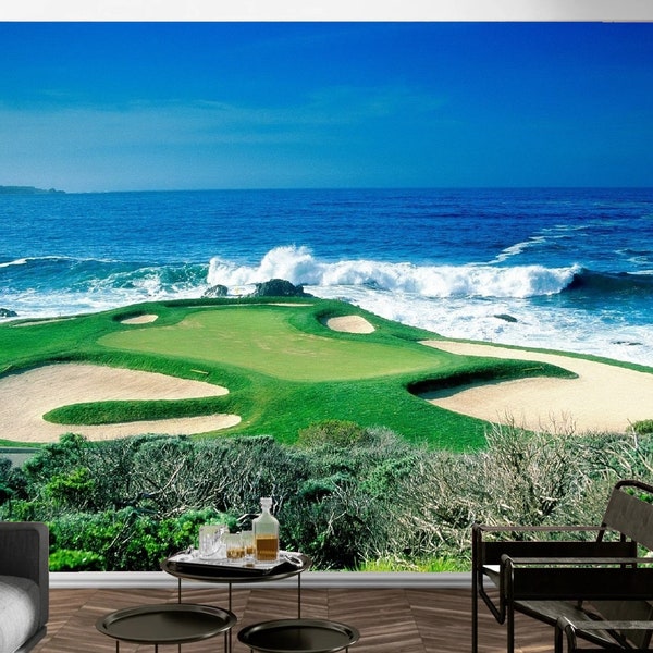 Golf Course Wall Mural Wallpaper, Pebble Beach Golf Art Wall Decal Peel And Stick, Removable Wall Decor Made In The USA, by Funktastic Walls